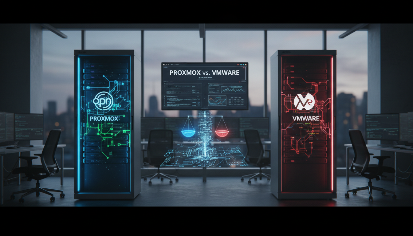 Photorealistic IT workspace banner comparing Proxmox and VMware with detailed technical setup
