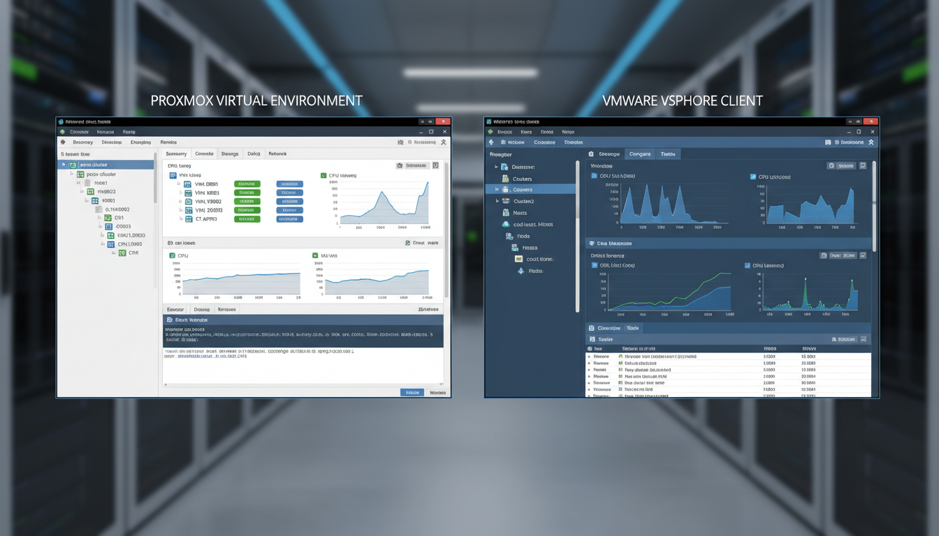 Photorealistic side-by-side comparison of Proxmox and VMware dashboards with technical details under natural lighting.