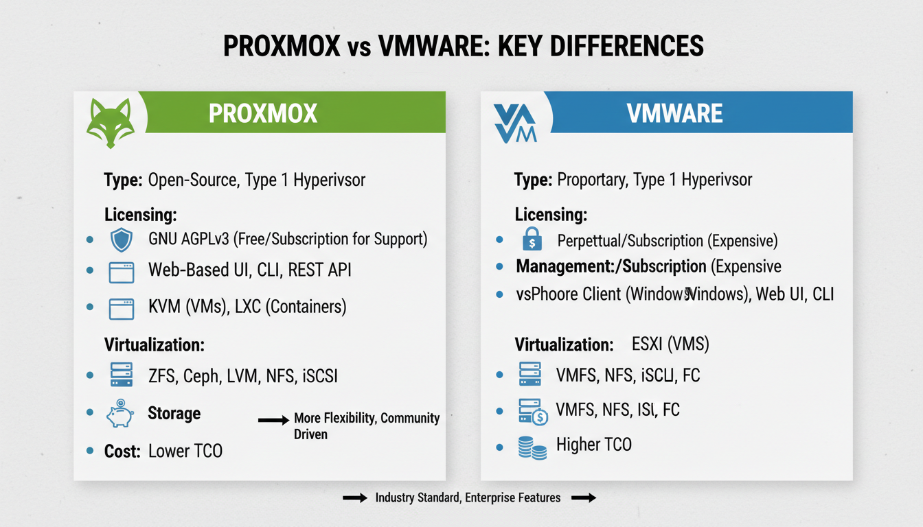 Photorealistic diagram comparing Proxmox and VMware virtualization features with clear labels.