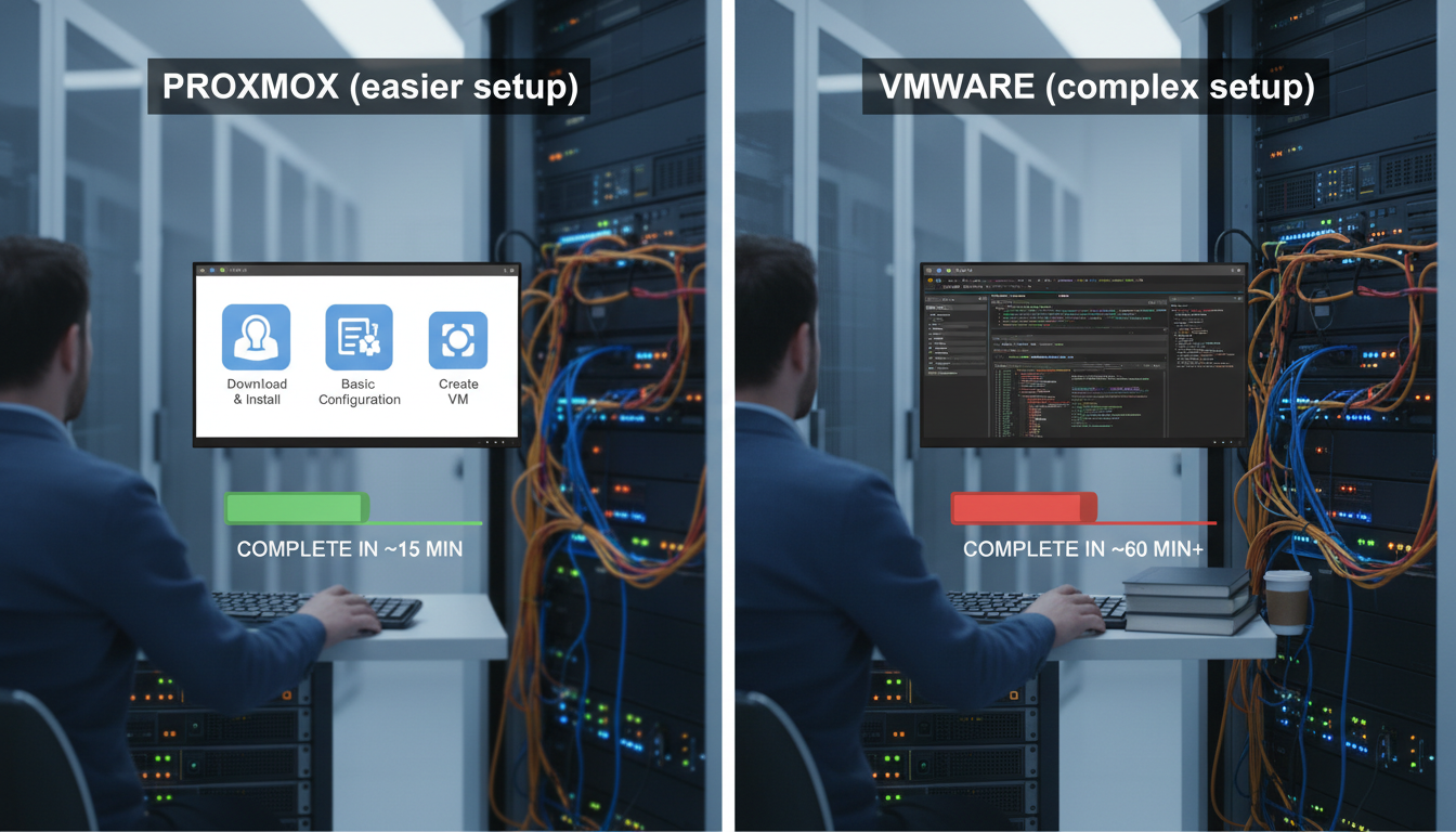 Photorealistic diagram comparing Proxmox and VMware setup processes with clear labels.