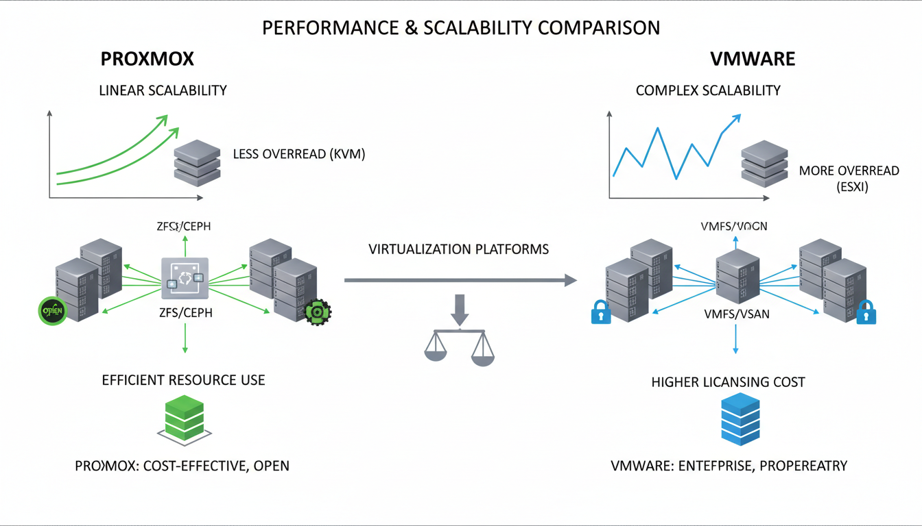 Photorealistic diagram comparing performance and scalability of Proxmox and VMware with clear technical details.