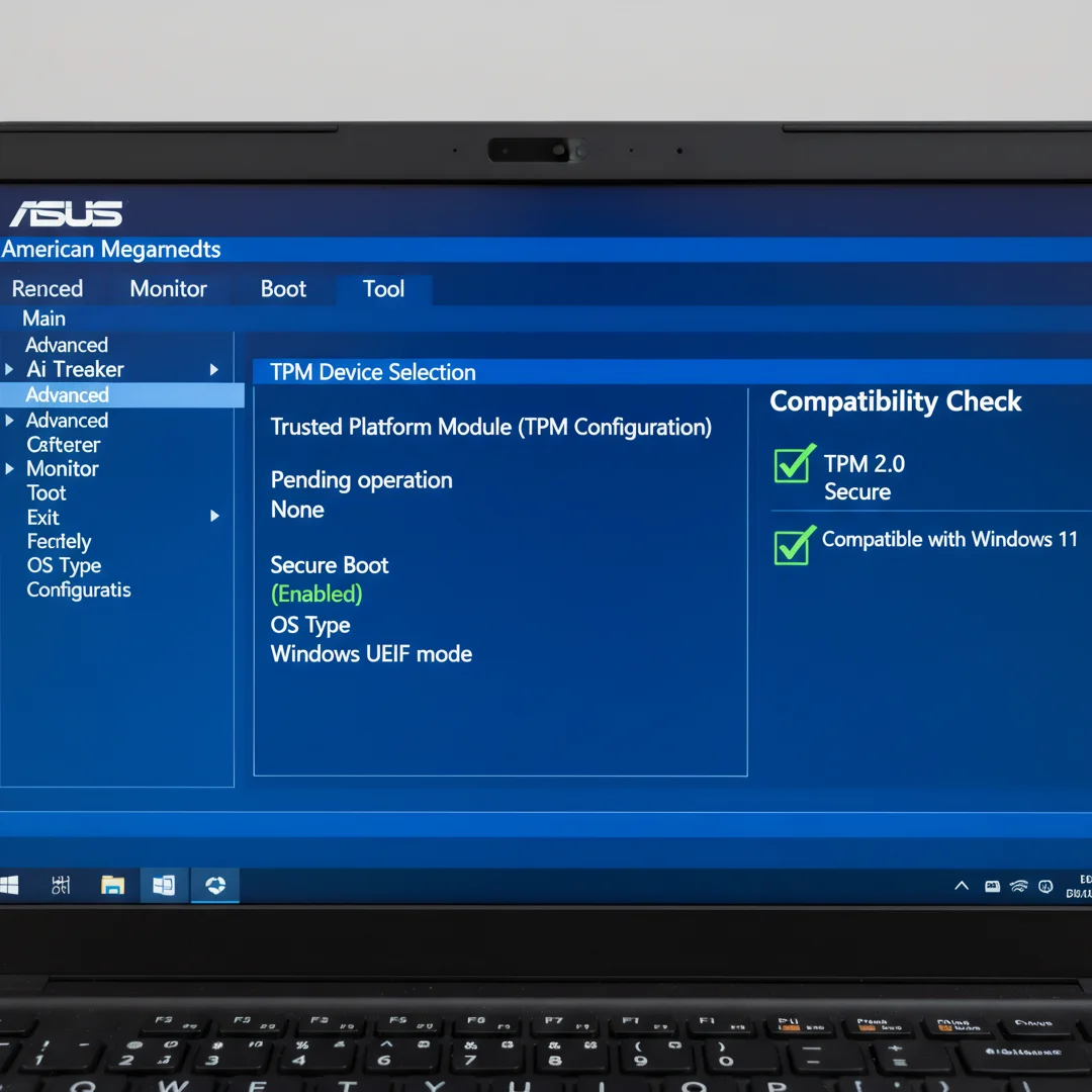 Step 1: ASUS laptop BIOS screen showing TPM 2.0 and Secure Boot enabled for Windows 11 compatibility check