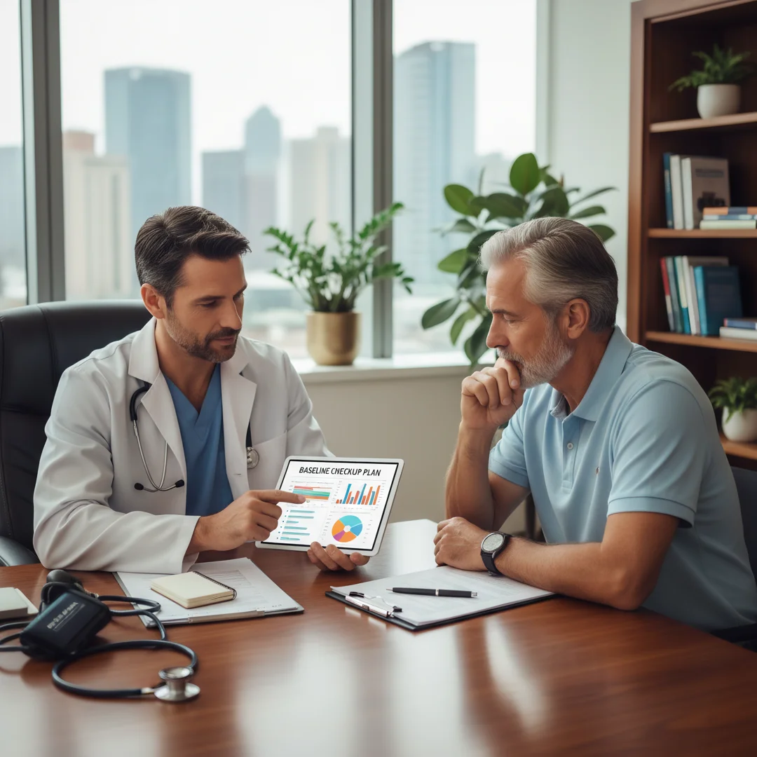 Step 1: Doctor consultation with men over 60 patient reviewing health chart and baseline checkup plan
