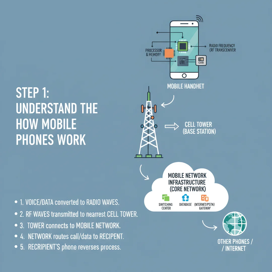 Step 1: Illustration for step: Understand the fundamentals related to how mobile work” you mean how a mobile