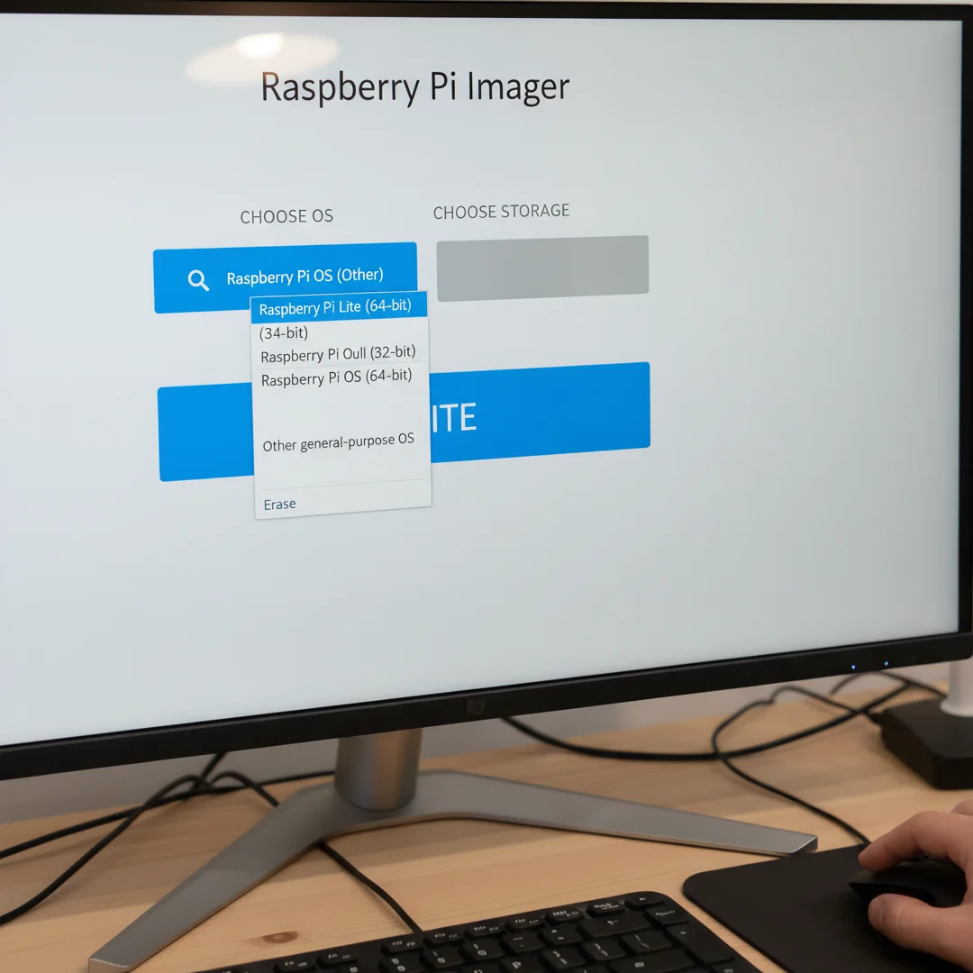 Step 1: Raspberry Pi Imager software selecting Raspberry Pi OS Lite 64-bit on a computer screen