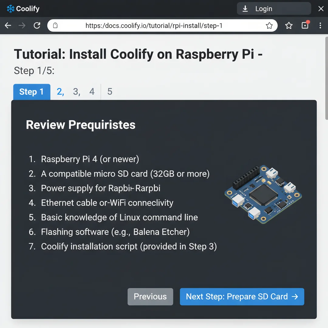 Step 1: Tutorial screenshot step 1: Review prerequisites for how to install coolify on raspberry pi
