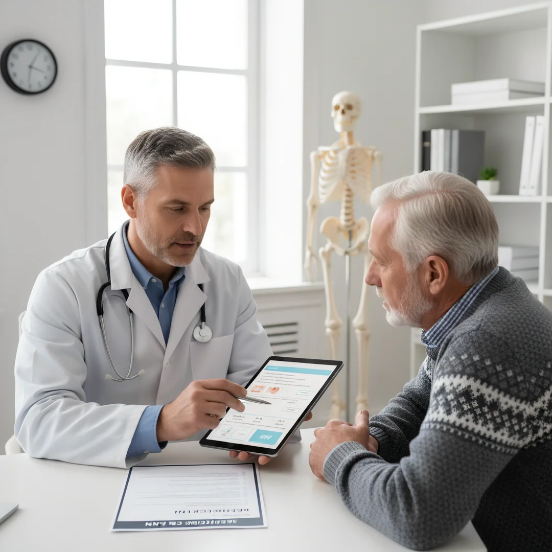 Step 1: Doctor consultation with men over 60 patient reviewing health chart and baseline checkup plan