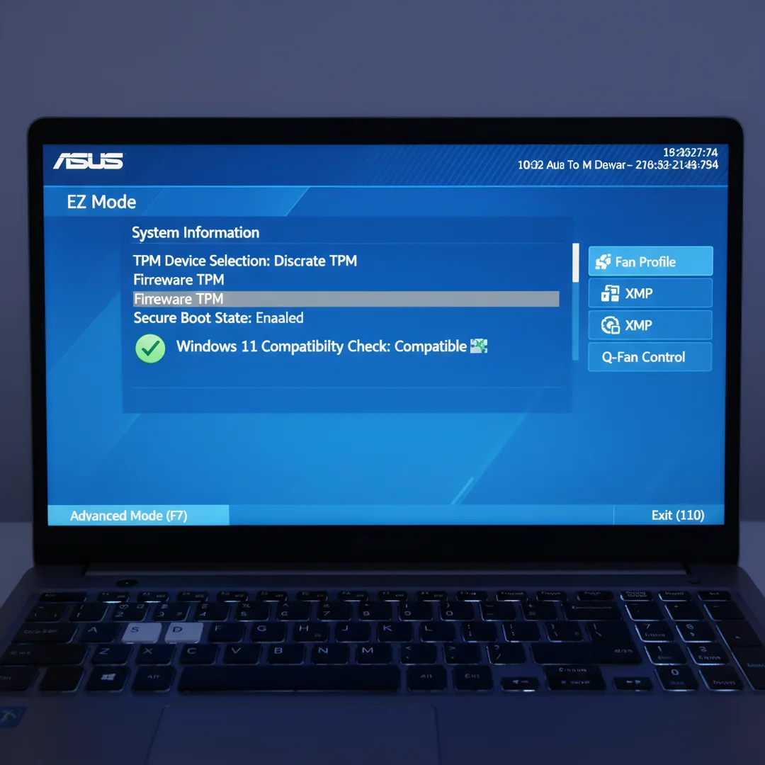 Step 1: ASUS laptop BIOS screen showing TPM 2.0 and Secure Boot enabled for Windows 11 compatibility check
