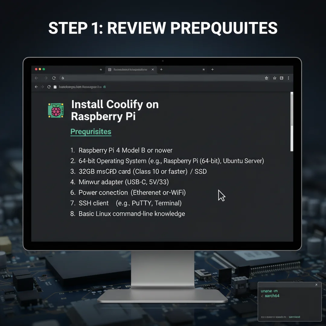 Step 1: Tutorial screenshot step 1: Review prerequisites for how to install coolify on raspberry pi