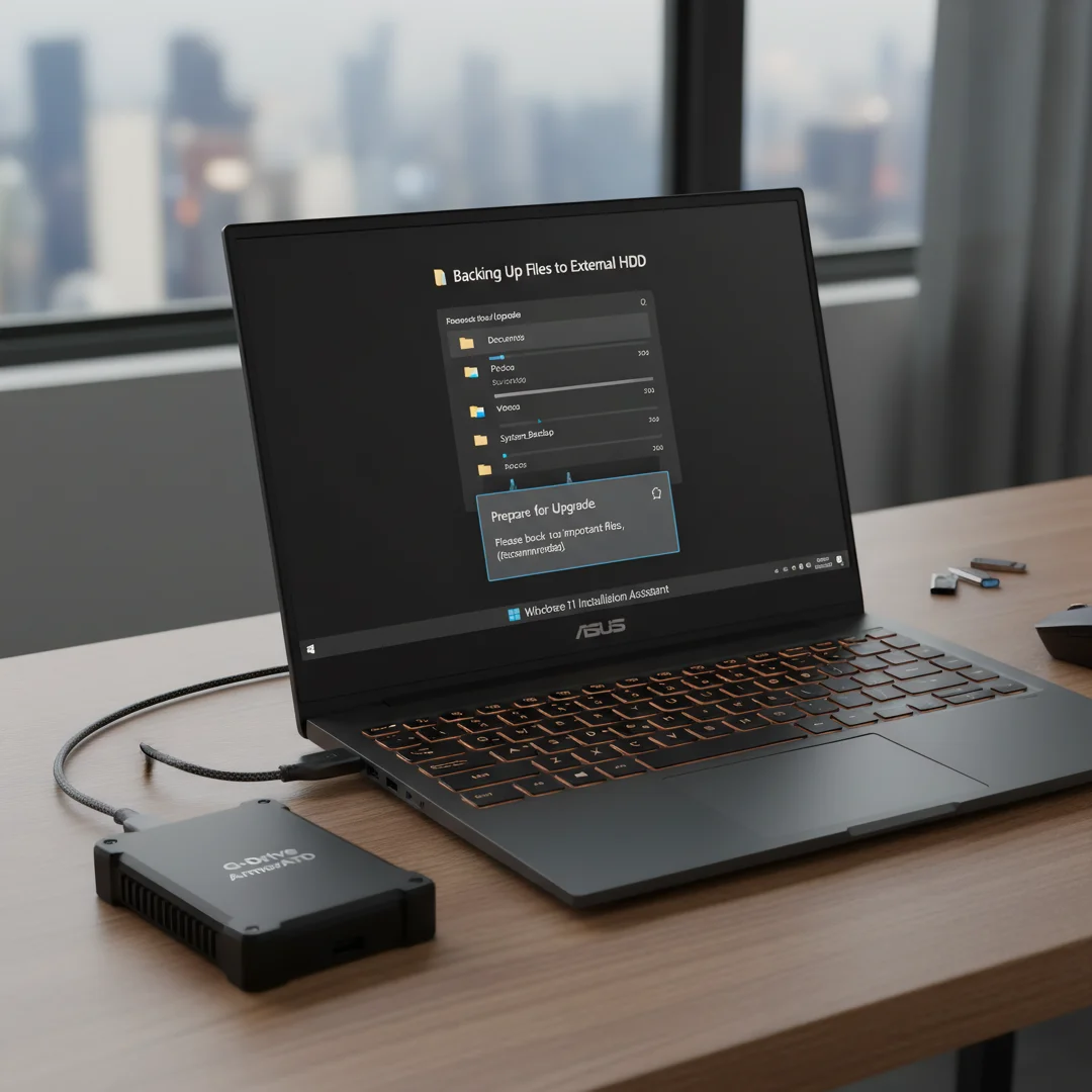 Step 2: External hard drive connected to ASUS laptop backing up files before Windows 11 installation