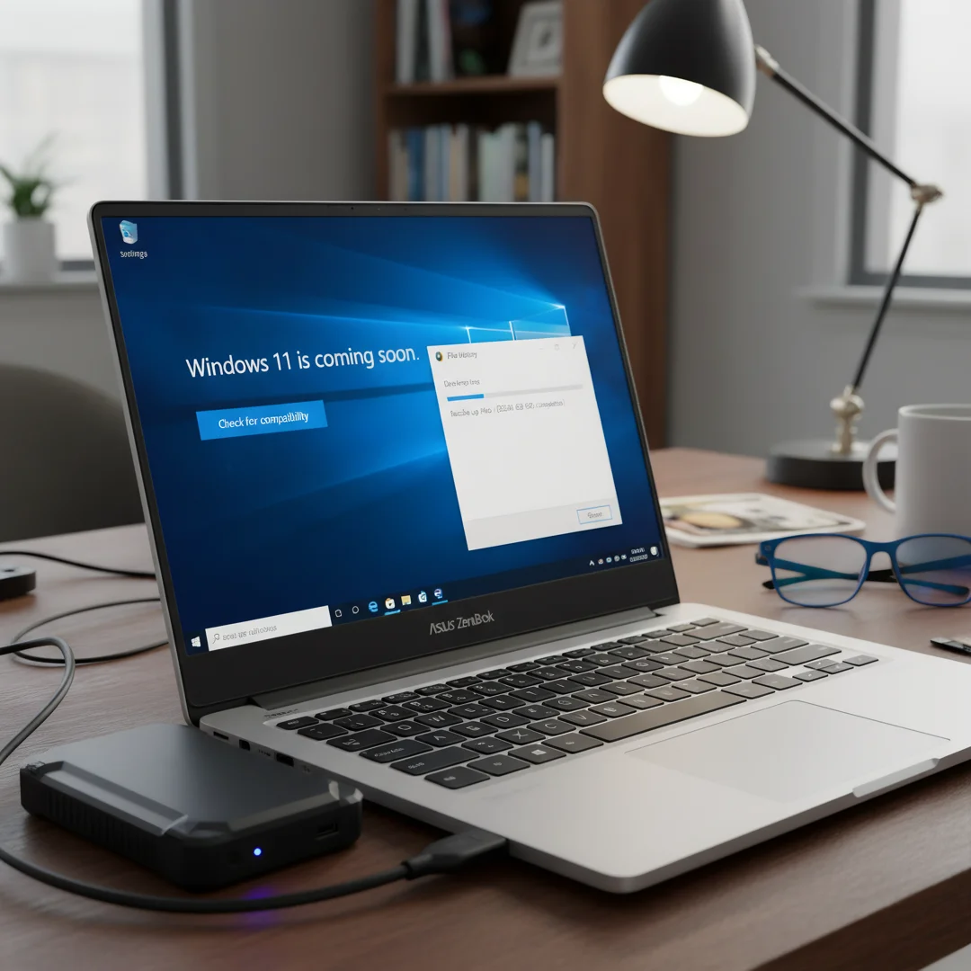 Step 2: External hard drive connected to ASUS laptop backing up files before Windows 11 installation