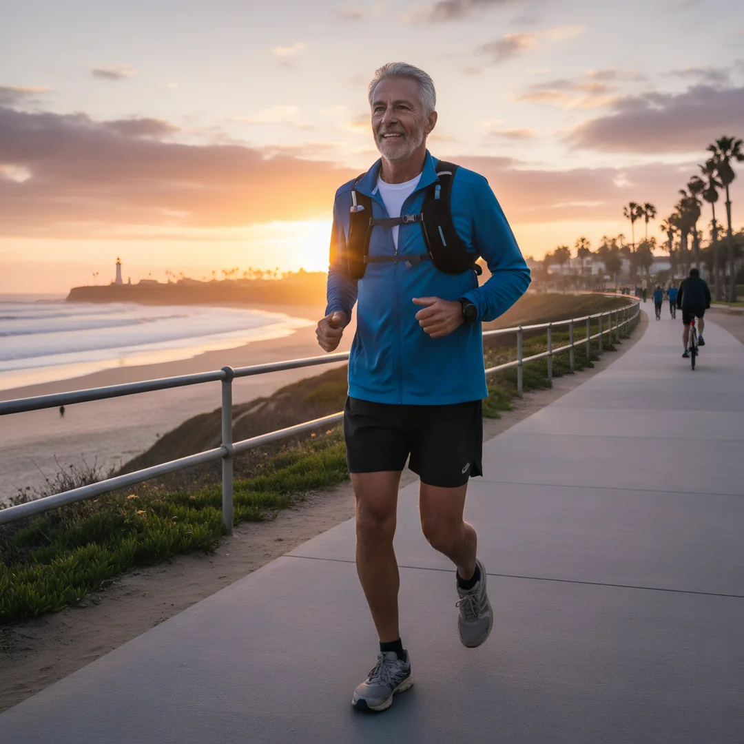 Step 2: Men over 60 man exercising outdoors jogging for cardiovascular health routine