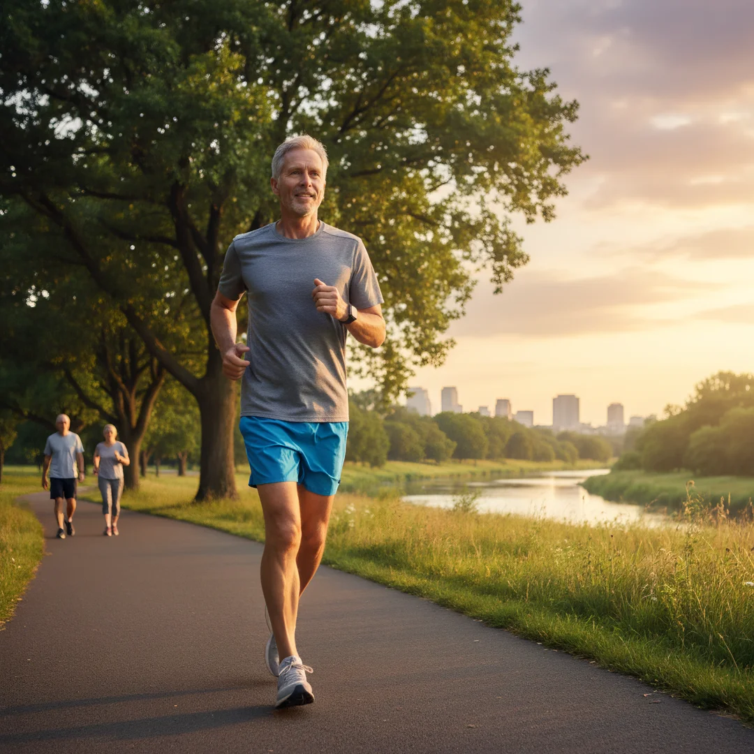 Step 2: Men over 60 man exercising outdoors jogging for cardiovascular health routine