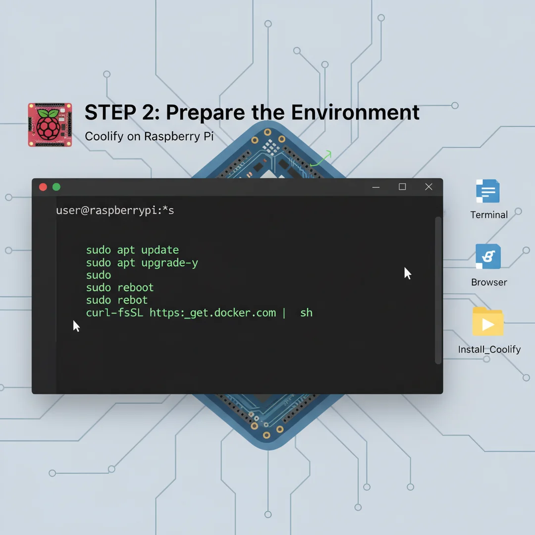 Step 2: Tutorial screenshot step 2: Prepare the environment for how to install coolify on raspberry pi