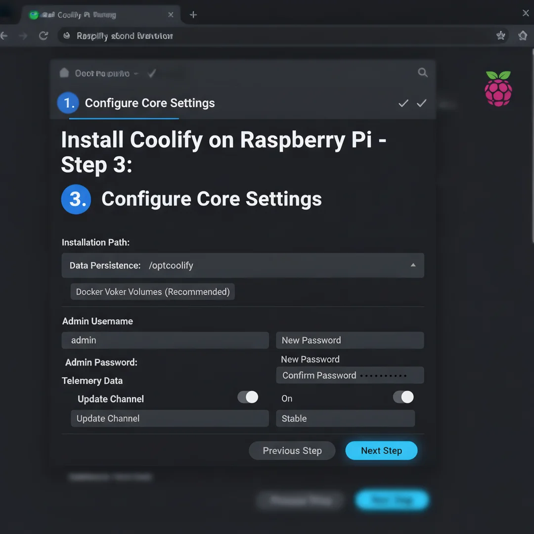 Step 3: Tutorial screenshot step 3: Configure core settings for how to install coolify on raspberry pi