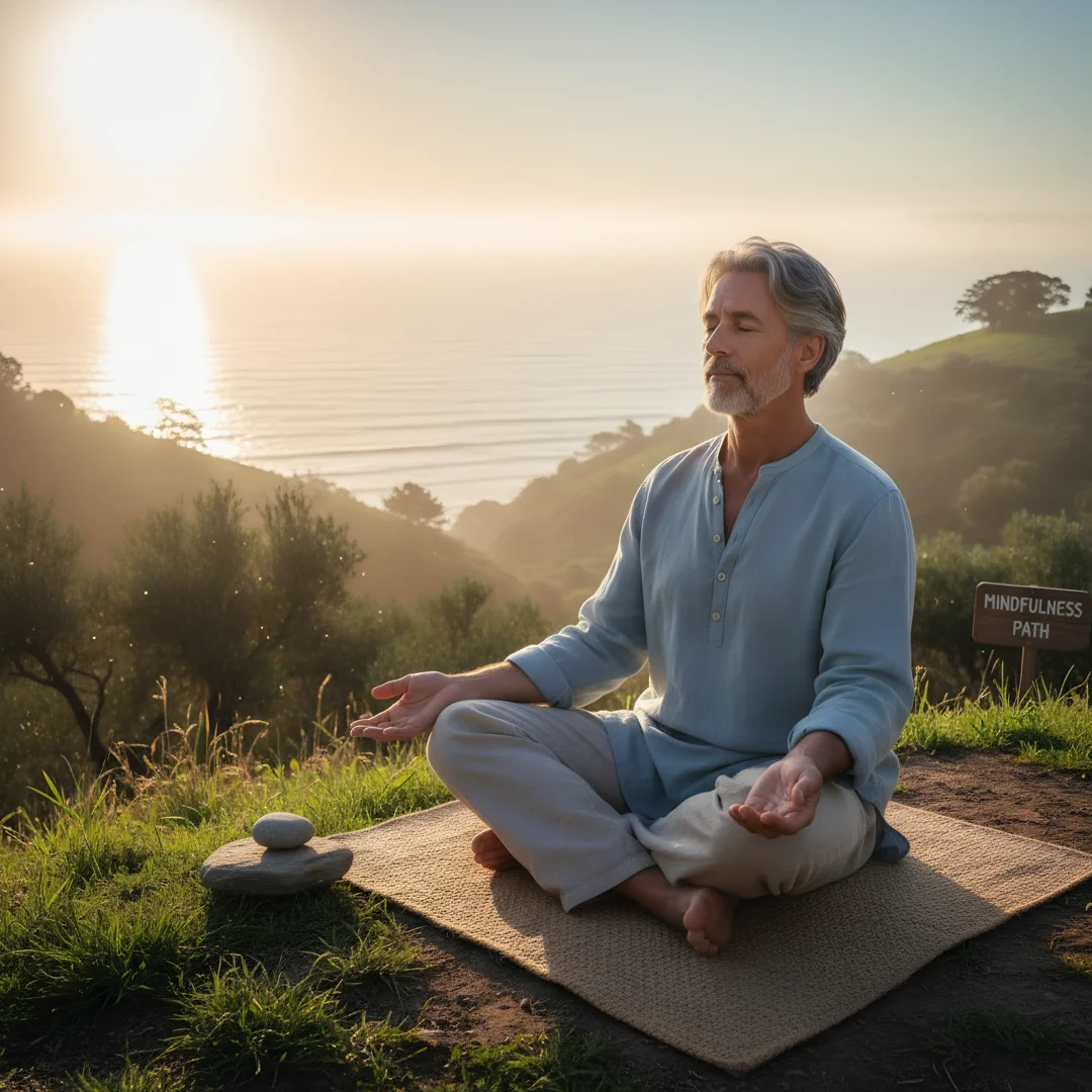 Step 4: Men over 60 man practicing mindfulness meditation for mental health and stress relief