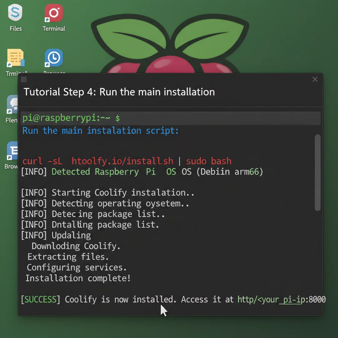 Step 4: Tutorial screenshot step 4: Run the main installation for how to install coolify on raspberry pi