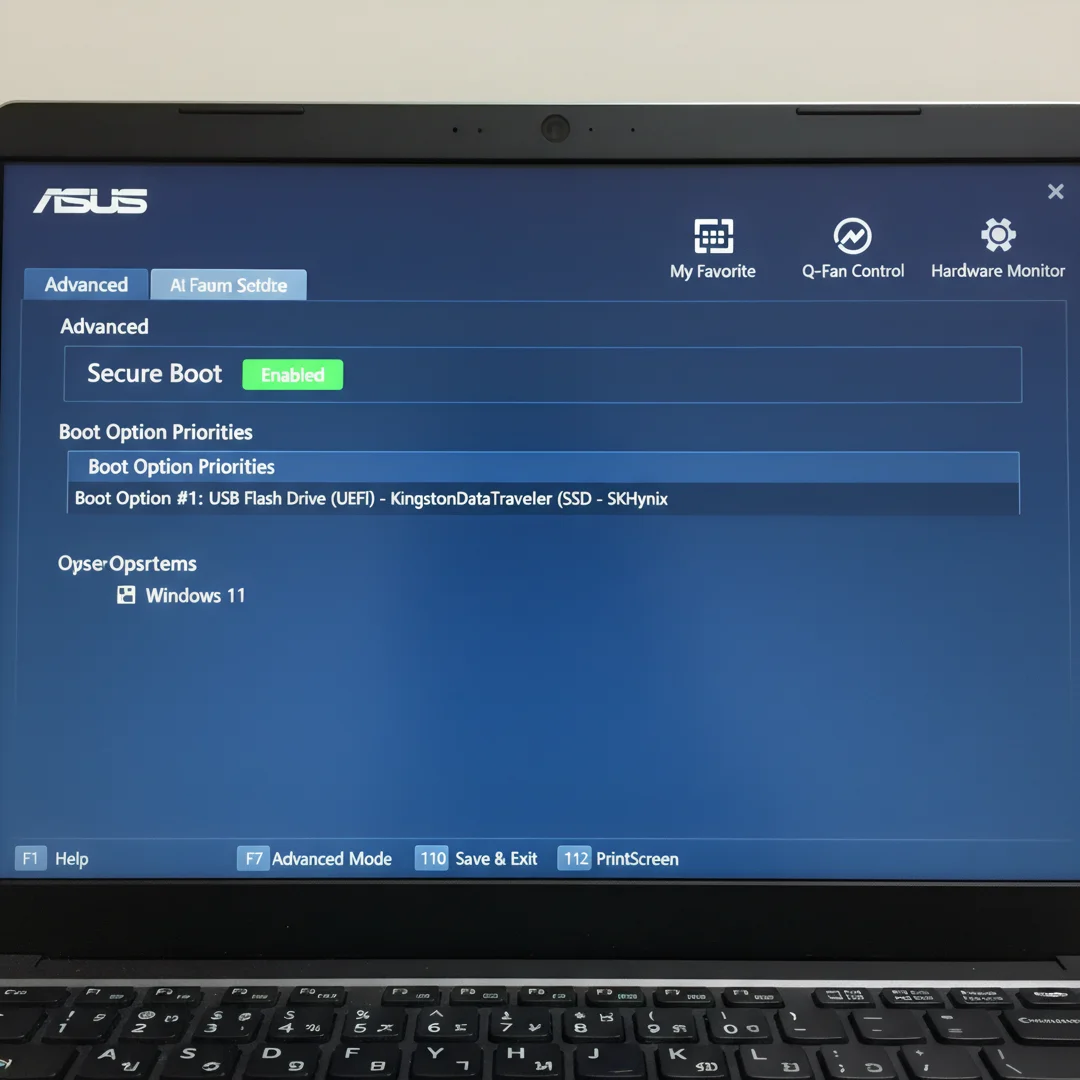 Step 4: ASUS laptop BIOS UEFI settings showing Secure Boot enabled and USB boot priority for Windows 11