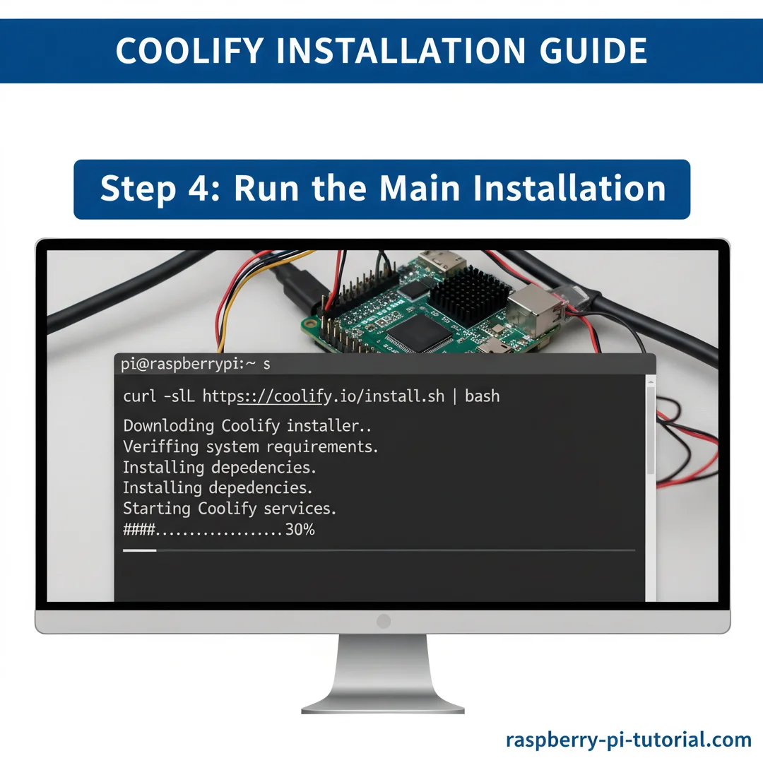 Step 4: Tutorial screenshot step 4: Run the main installation for how to install coolify on raspberry pi