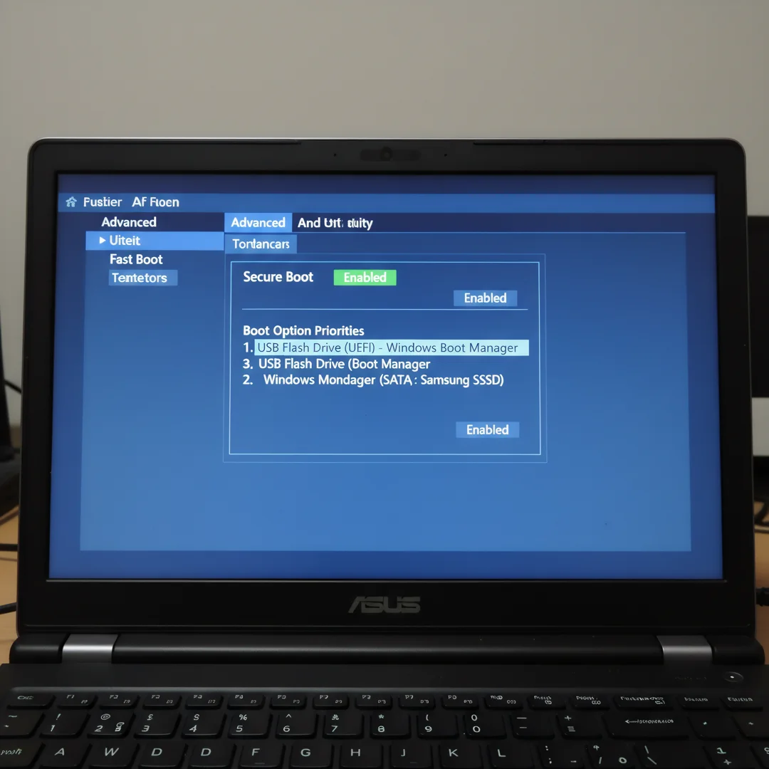 Step 4: ASUS laptop BIOS UEFI settings showing Secure Boot enabled and USB boot priority for Windows 11