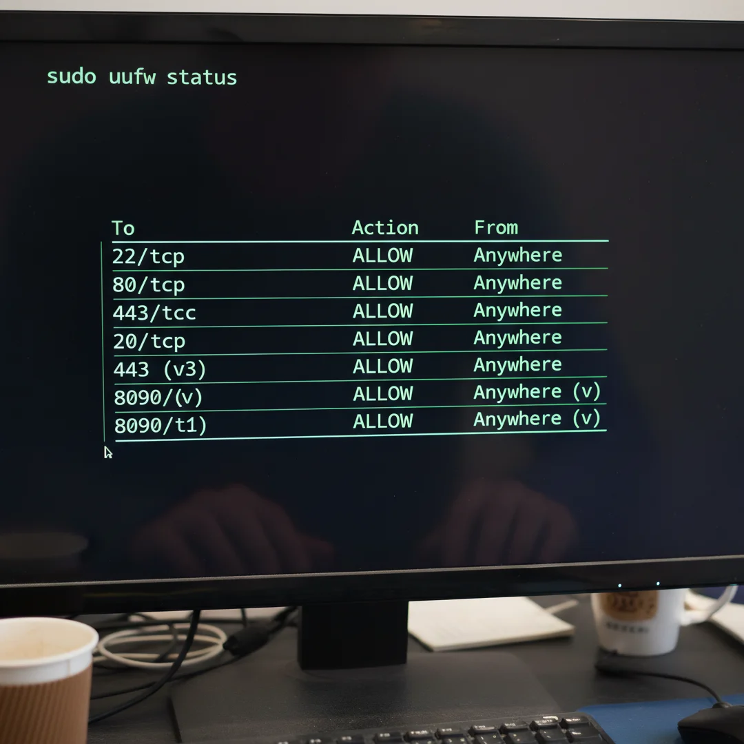 Step 4: Terminal showing ufw firewall rules for ports 22 80 443 and 8090