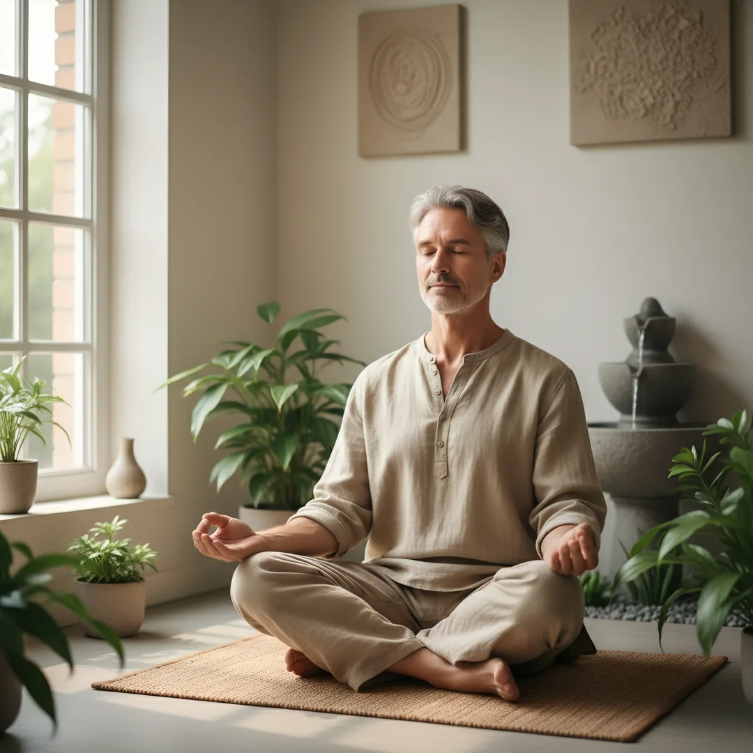 Step 4: Men over 60 man practicing mindfulness meditation for mental health and stress relief