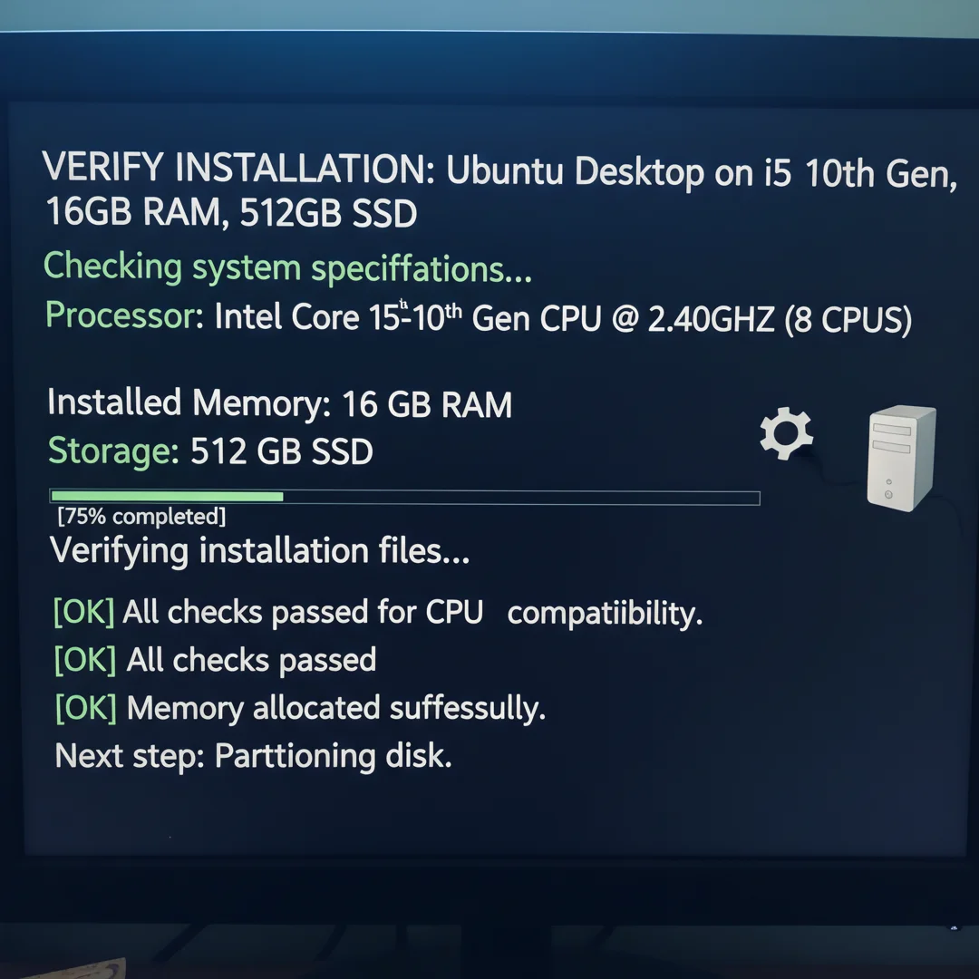 Step 5: Technical tutorial screenshot: Verify the installation for install ubuntu desktop on a i5 10th gen p