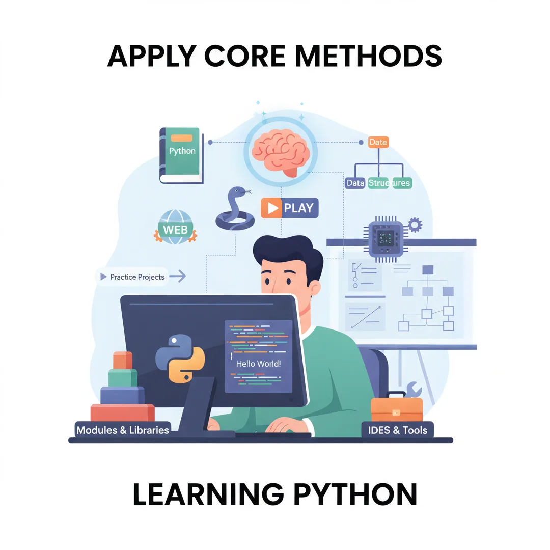 Step 5: Illustration for step: Apply the core methods related to How to start learning python, professional 