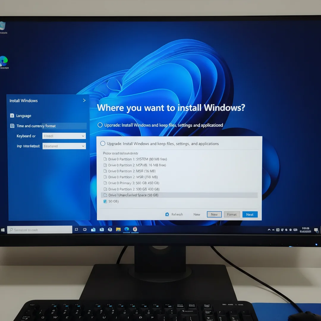 Step 5: Windows 11 installation setup screen showing custom install and drive partition selection