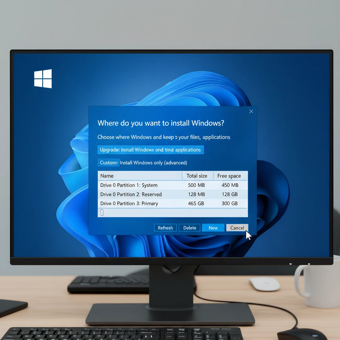 Step 5: Windows 11 installation setup screen showing custom install and drive partition selection