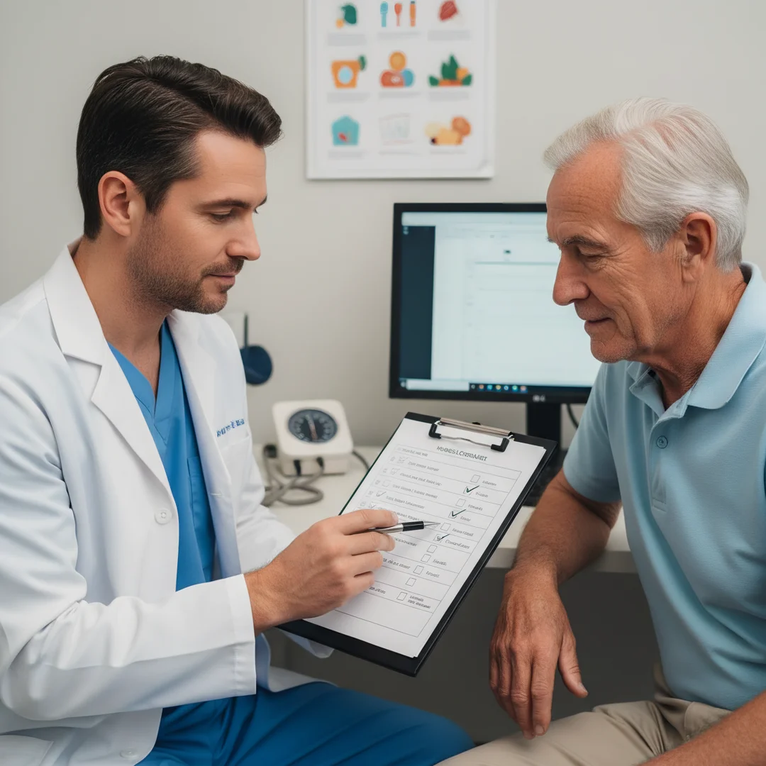 Step 6: Medical screening checklist being reviewed by doctor with men over 60 patient