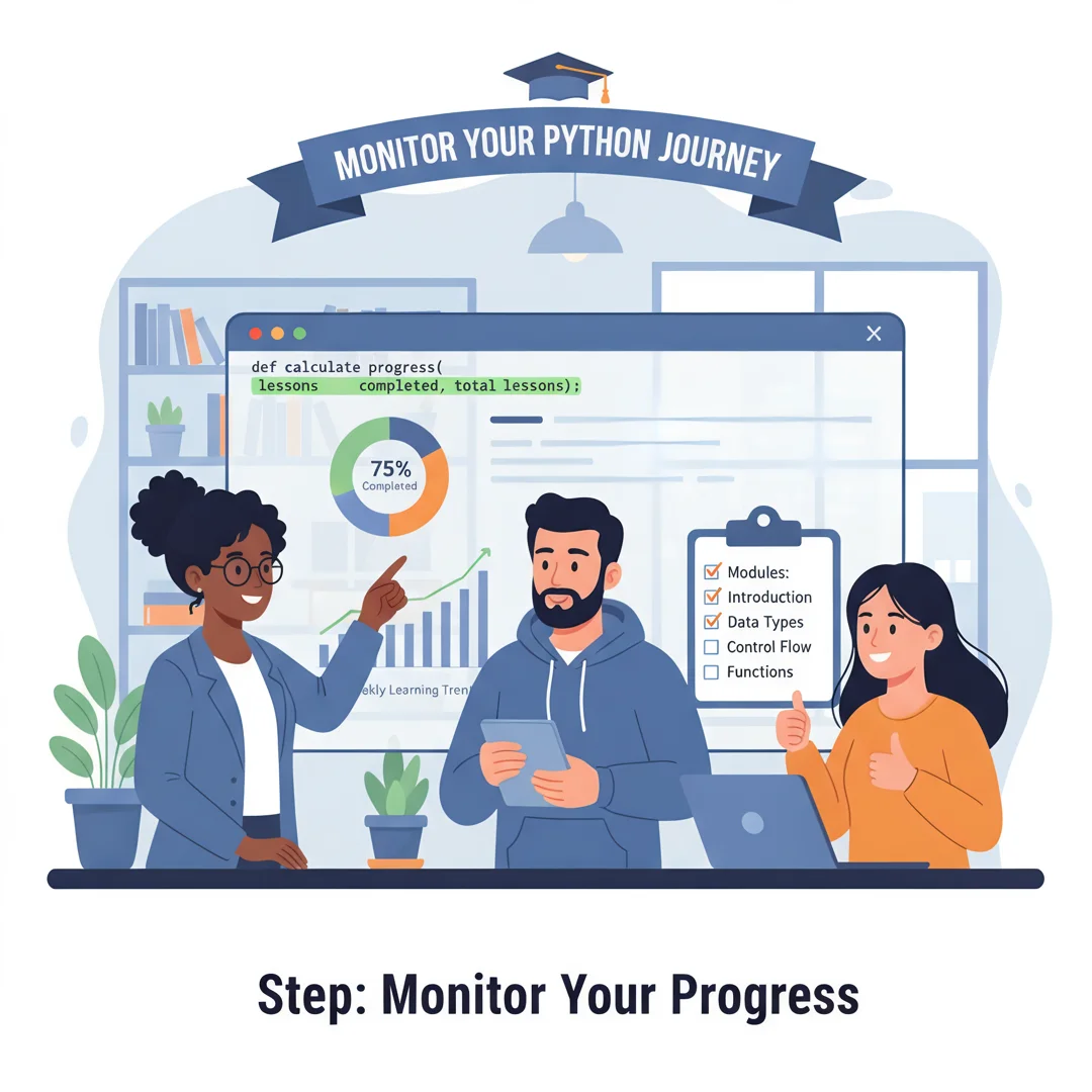 Step 6: Illustration for step: Monitor your progress related to How to start learning python, professional e
