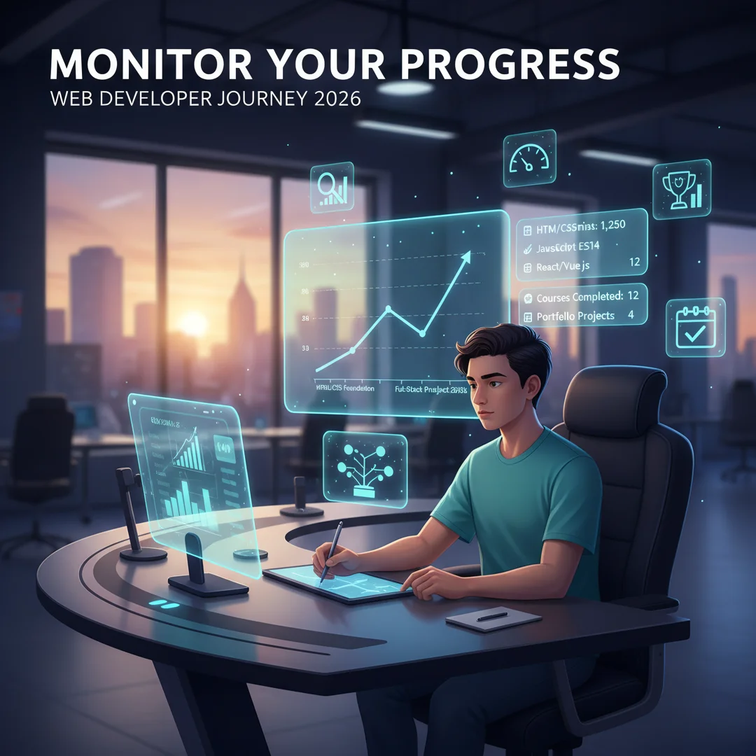 Step 6: Illustration for step: Monitor your progress related to How to become a web developer in 2026, profe