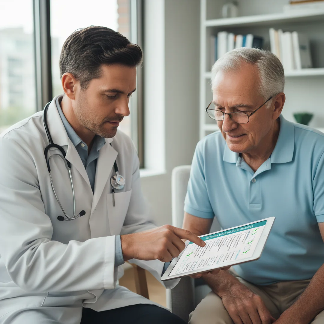 Step 6: Medical screening checklist being reviewed by doctor with men over 60 patient