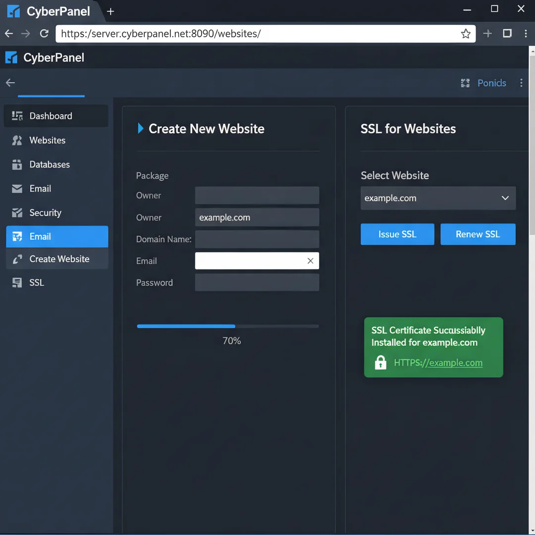 Step 7: CyberPanel control panel showing website creation and SSL certificate installation