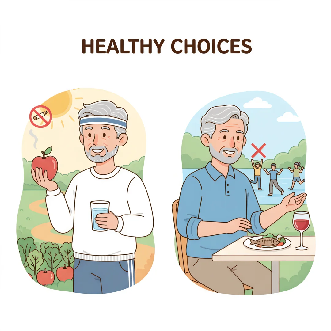 Step 7: Healthy lifestyle choices illustration showing men over 60 avoiding smoking and excessive alcohol
