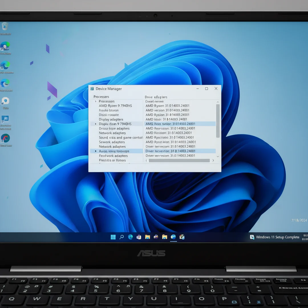 Step 7: ASUS laptop device manager showing AMD Ryzen drivers installed after Windows 11 setup