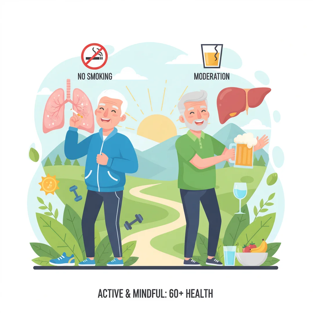 Step 7: Healthy lifestyle choices illustration showing men over 60 avoiding smoking and excessive alcohol