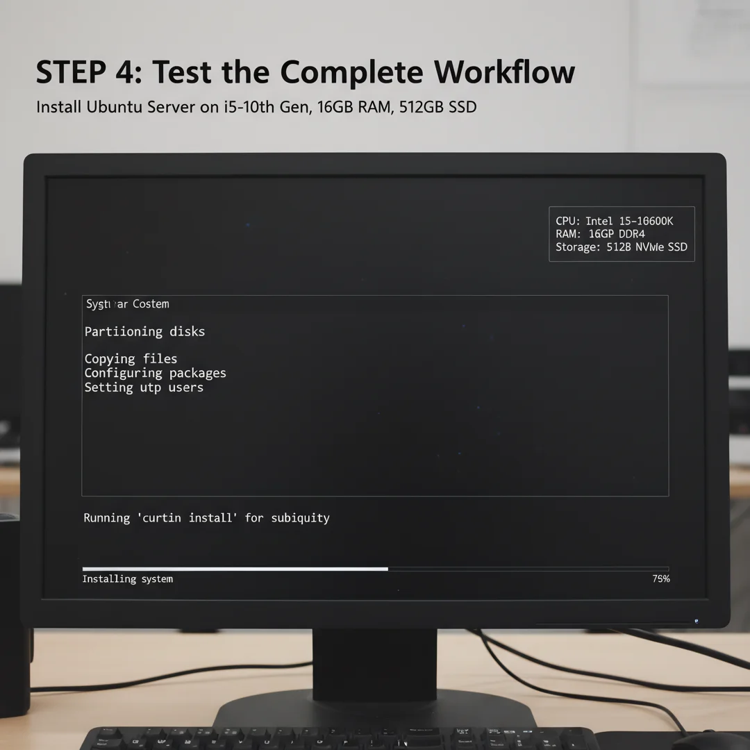 Step 7: Technical tutorial screenshot: Test the complete workflow for install ubuntu server on a i5 10th gen