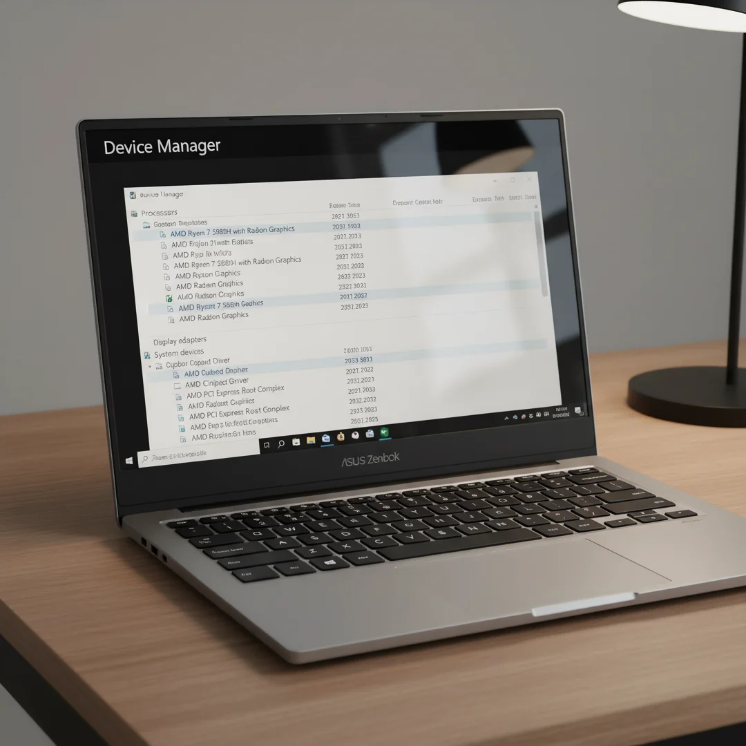 Step 7: ASUS laptop device manager showing AMD Ryzen drivers installed after Windows 11 setup