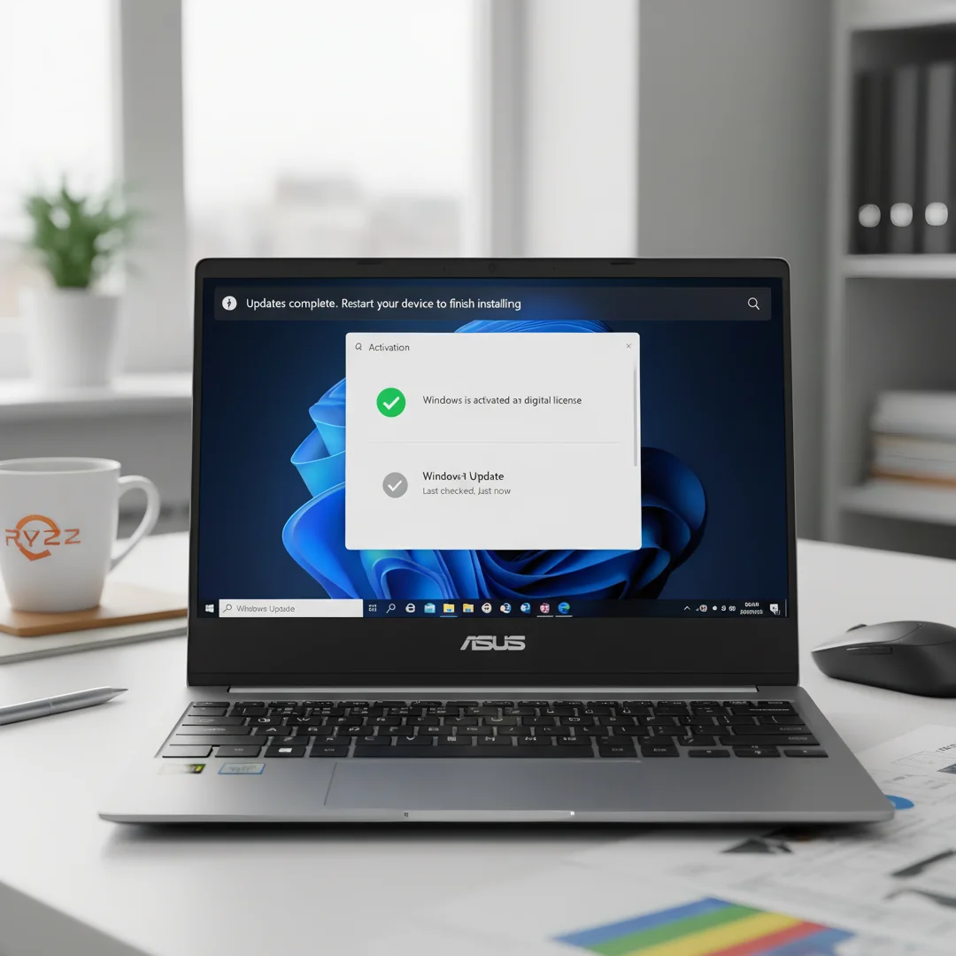 Step 8: Windows 11 settings showing successful activation and updates complete on ASUS Ryzen laptop