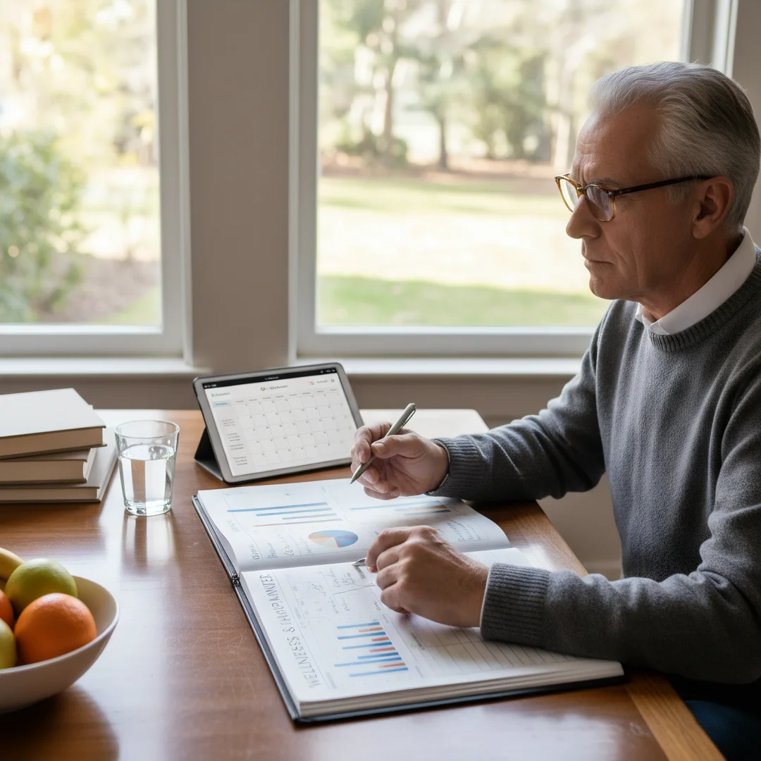 Step 8: Men over 60 man reviewing personal health goals and wellness planner long term