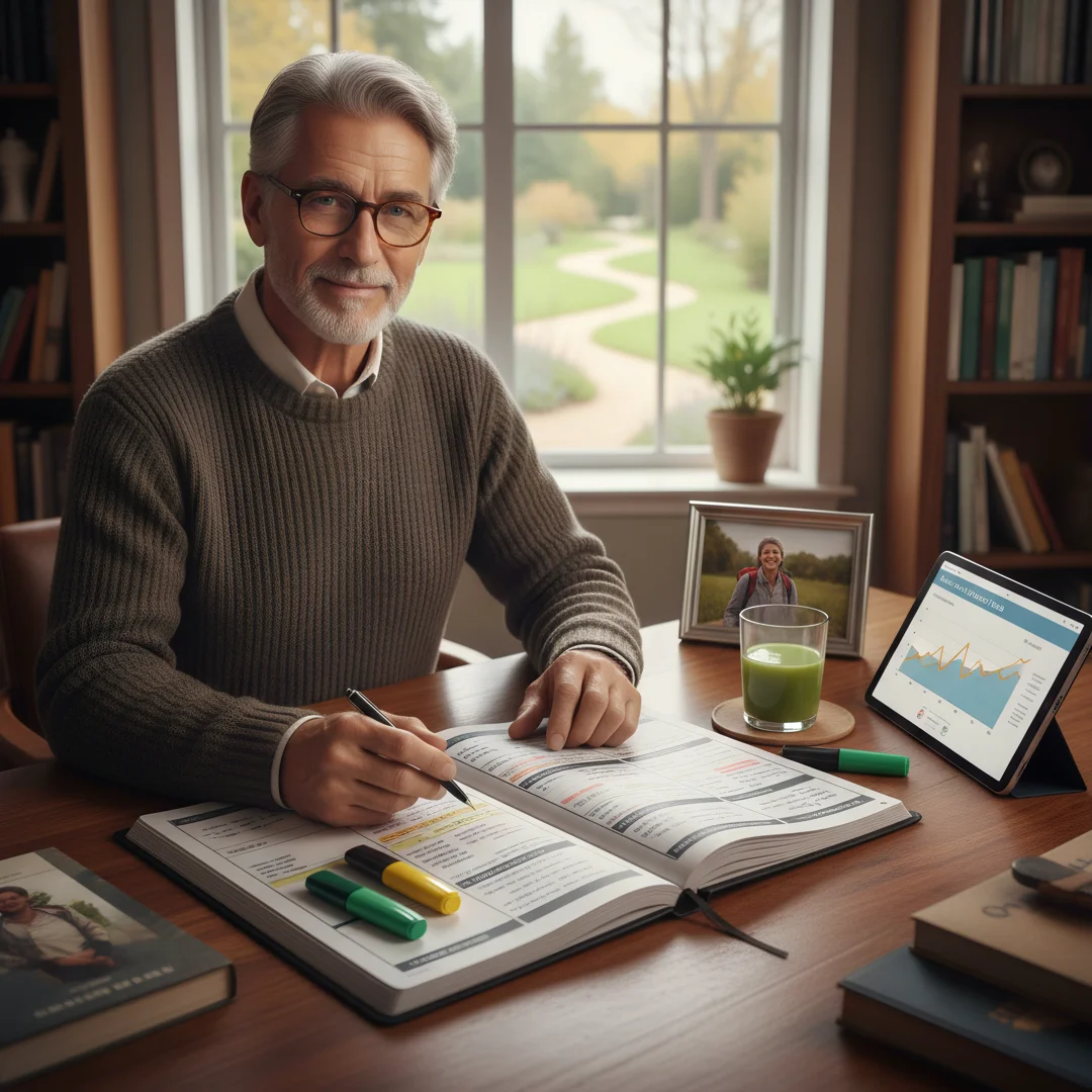 Step 8: Men over 60 man reviewing personal health goals and wellness planner long term
