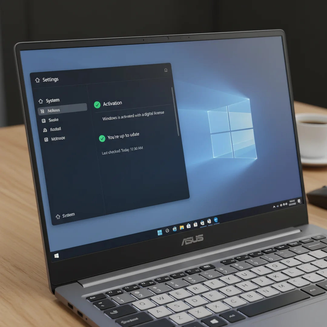 Step 8: Windows 11 settings showing successful activation and updates complete on ASUS Ryzen laptop