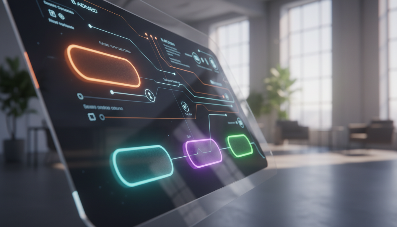 Photorealistic UI with dark theme, orange, purple, green buttons, clear text, cinematic style