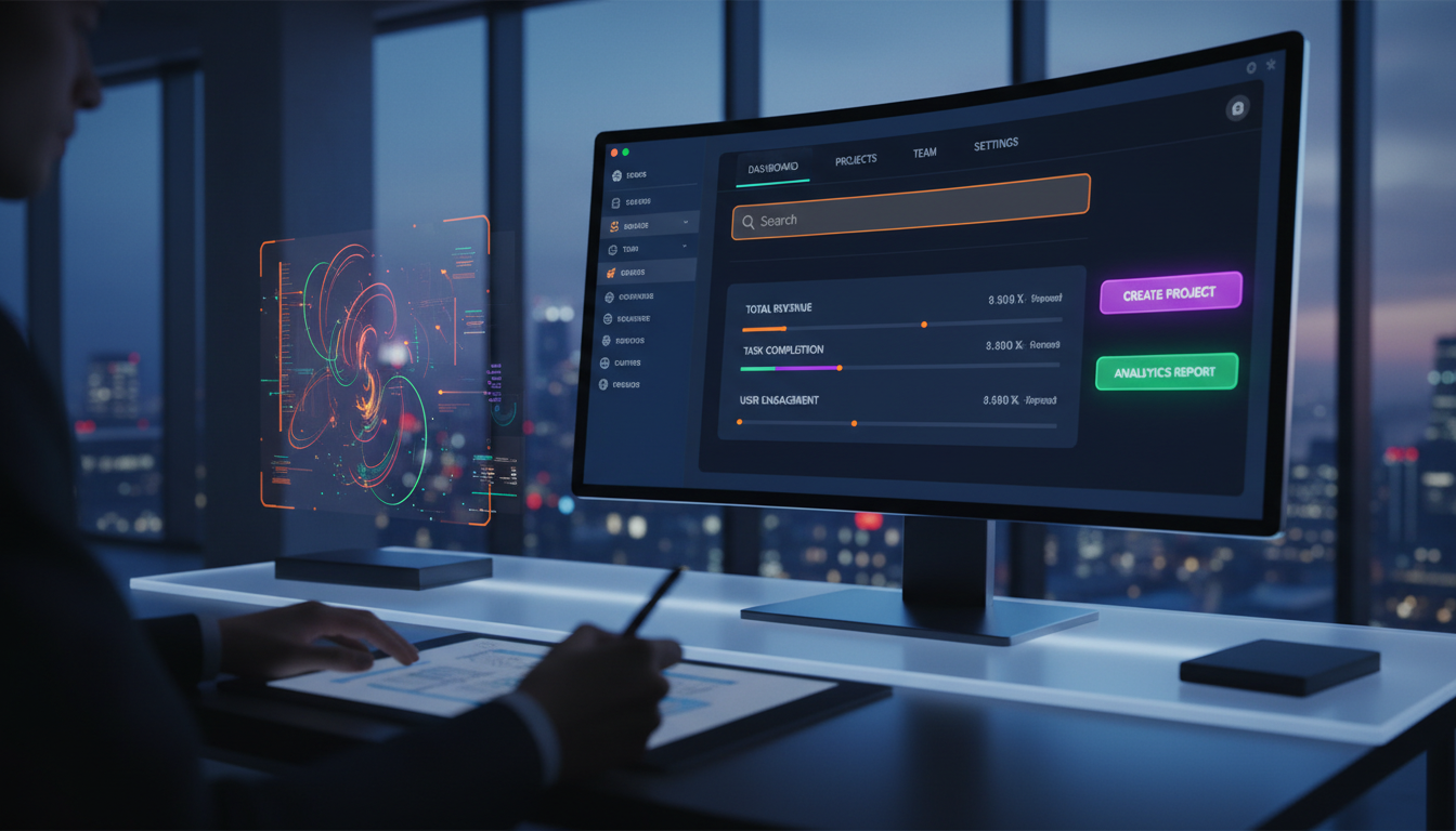 Photorealistic wide banner showcasing dark UI with orange, purple, green buttons, and clear text in a modern workspace.