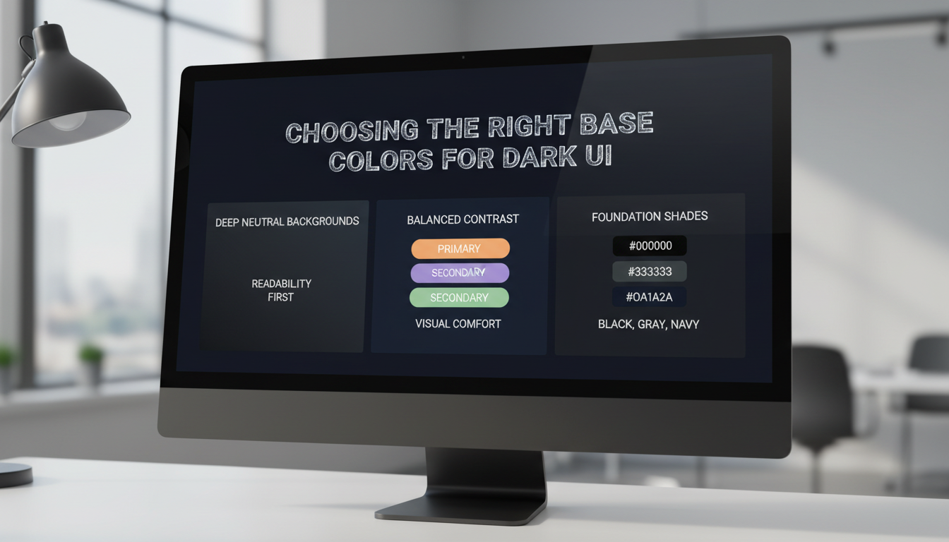 Close-up of dark UI base colors with black, gray, navy backgrounds, highlighting contrast and readability.