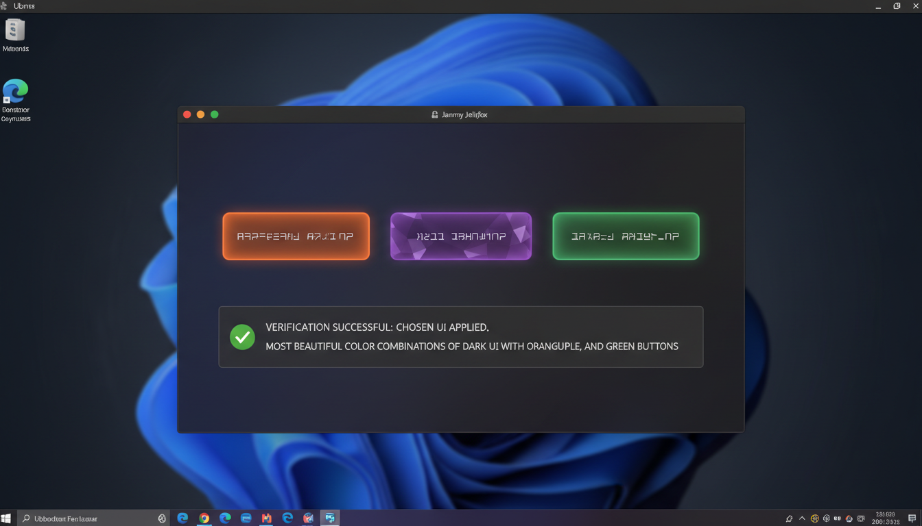 Photorealistic dark UI interface with vibrant orange, purple, and green buttons on Ubuntu Linux