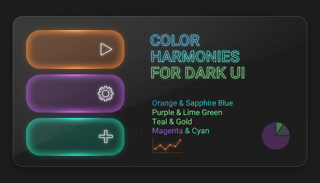 Photorealistic diagram showing best dark UI color combos with orange, purple, green buttons, and clear text.
