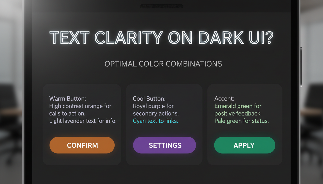 Photorealistic diagram showing best color combos for clear text on dark backgrounds with orange, purple, and green buttons.